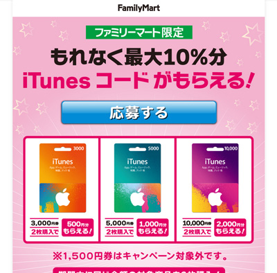 ファミリーマート限定 もれなく最大10%分 iTunes コードがもらえる！