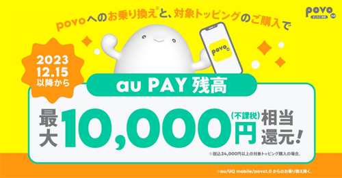 povo2.0に他社から乗り換えとデータトッピング購入で最大10,000円相当還元キャンペーン