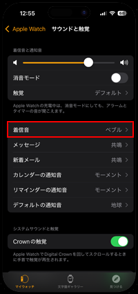iPhoneでApple Watchの着信音の設定画面を表示する