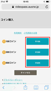 iPod touchで購入したいビデオコインの枚数を選択する