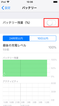 iPod touchでバッテリー残量(％)をオンにする