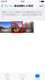 iPod touchの最近削除した項目で完全に削除したい写真を選択する