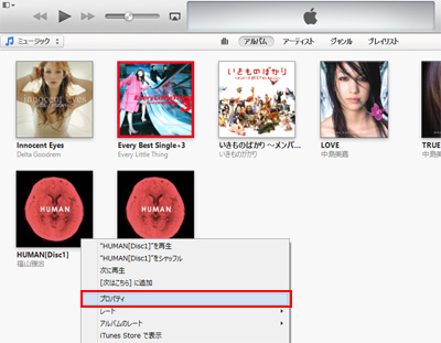 iTunesでアルバムのディスク1のプロパティを表示する