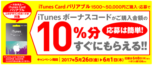 ファミリーマートおよびサークルK・サンクスで1,500円以上のバリアブル iTunes Cardを購入で10%分のiTunes ボーナスコードをプレゼント