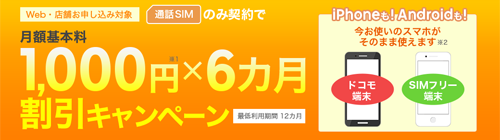 楽天モバイル 月額基本料1,000円×6ヶ月割引キャンペーン