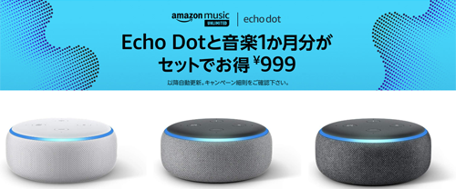 Echo Dotと音楽1か月分がセットでお得 999円