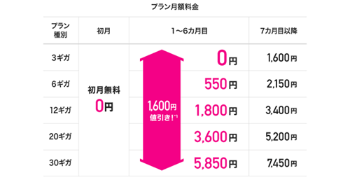 BIGLOBEモバイル 音声通話SIM 3ギガ月額料金 半年間0円