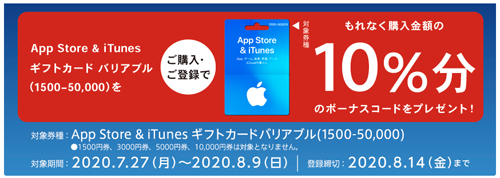 App Store & iTunes ギフトカード バリアブル 10%分ボーナス