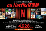 auが「使い放題MAX 5G/4G Netflixパック(P)」を3カ月間月々1,100円割引する「au Netflix応援割」の提供を開始