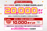 楽天カード会員が楽天モバイルに初めて申し込みで20,000ポイントをプレゼントする「楽天マジ得フェスティバル」が開始
