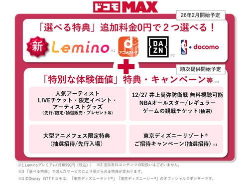 「ドコモ MAX」で「選べる特典」が2026年2月から提供開始 - DAZN・NBA・Lemino・dアニメストアから選択可能