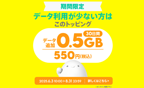 データ追加0.5GB(30日間) 550円