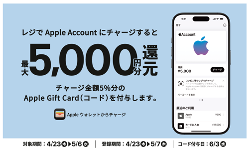 セブンイレブン・ローソン・ファミリーマート・ミニストップがレジでApple Accountに累積5,000円以上チャージ・登録で5％分還元キャンペーンを開始 - 5/6まで
