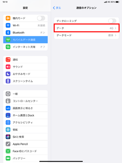 5G対応iPadのモバイルデータ通信のオプション画面から「データ」を選択する