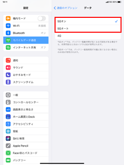 5G対応iPadで「5Gオン」または「5Gオート」を選択する