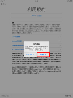 iPad(iPad mini)の初期設定画面で利用規約に同意する