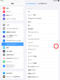 iPadの「AssistiveTouch」ボタンでシングルタップにスクショを設定する