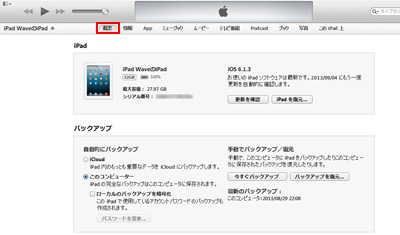 iTunesでiPad/iPad miniの設定画面を表示する
