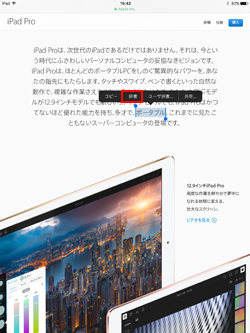 iPadのポップアップメニューから「辞書」をタップする