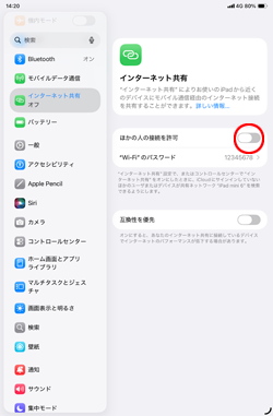キャリア版iPadでインターネット共有をオンにする