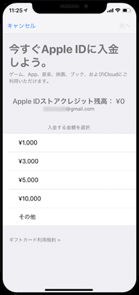 Apple IDに入金したい金額を選択する