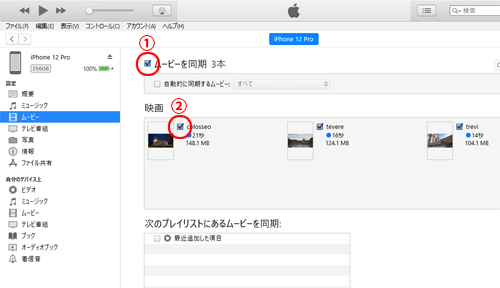 iTunesでムービーの同期画面を表示する