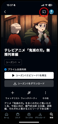 iPhoneのキャスト対応アプリで「キャスト」アイコンをタップする