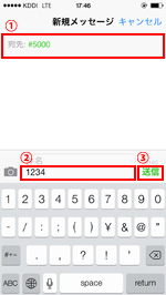 宛先に「#5000」、本文に「1234」を入力し、「送信」をタップする