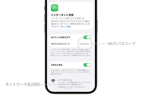 iPhoneとスイッチをテザリング接続するために必要なネットワークの名前(SSID)とWi-Fiパスワードを確認する
