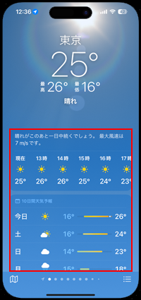 iPhoneの天気アプリで1時間/10日間天気をタップする